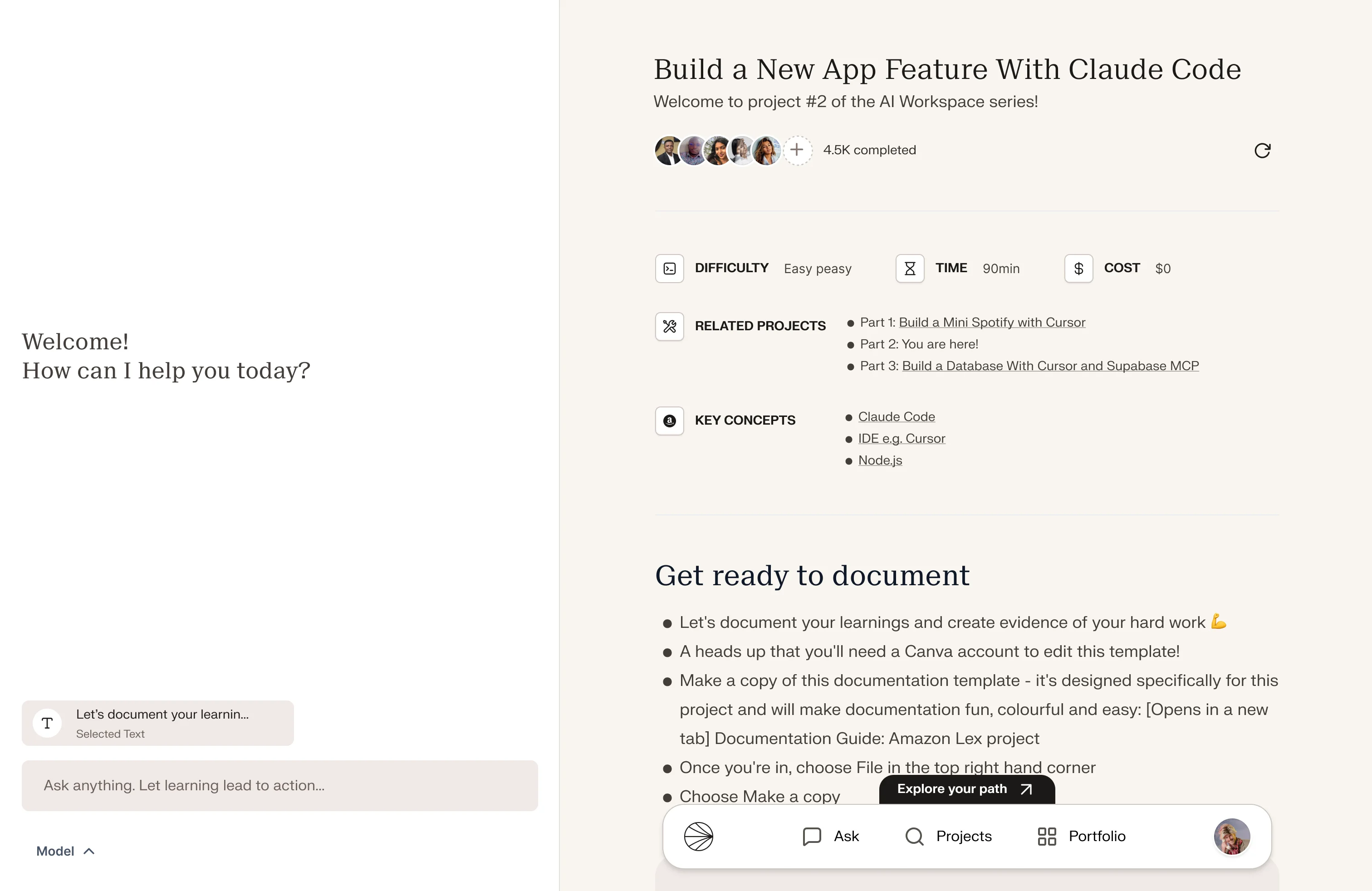 NextWork project interface showing Build a Mini Spotify with Cursor