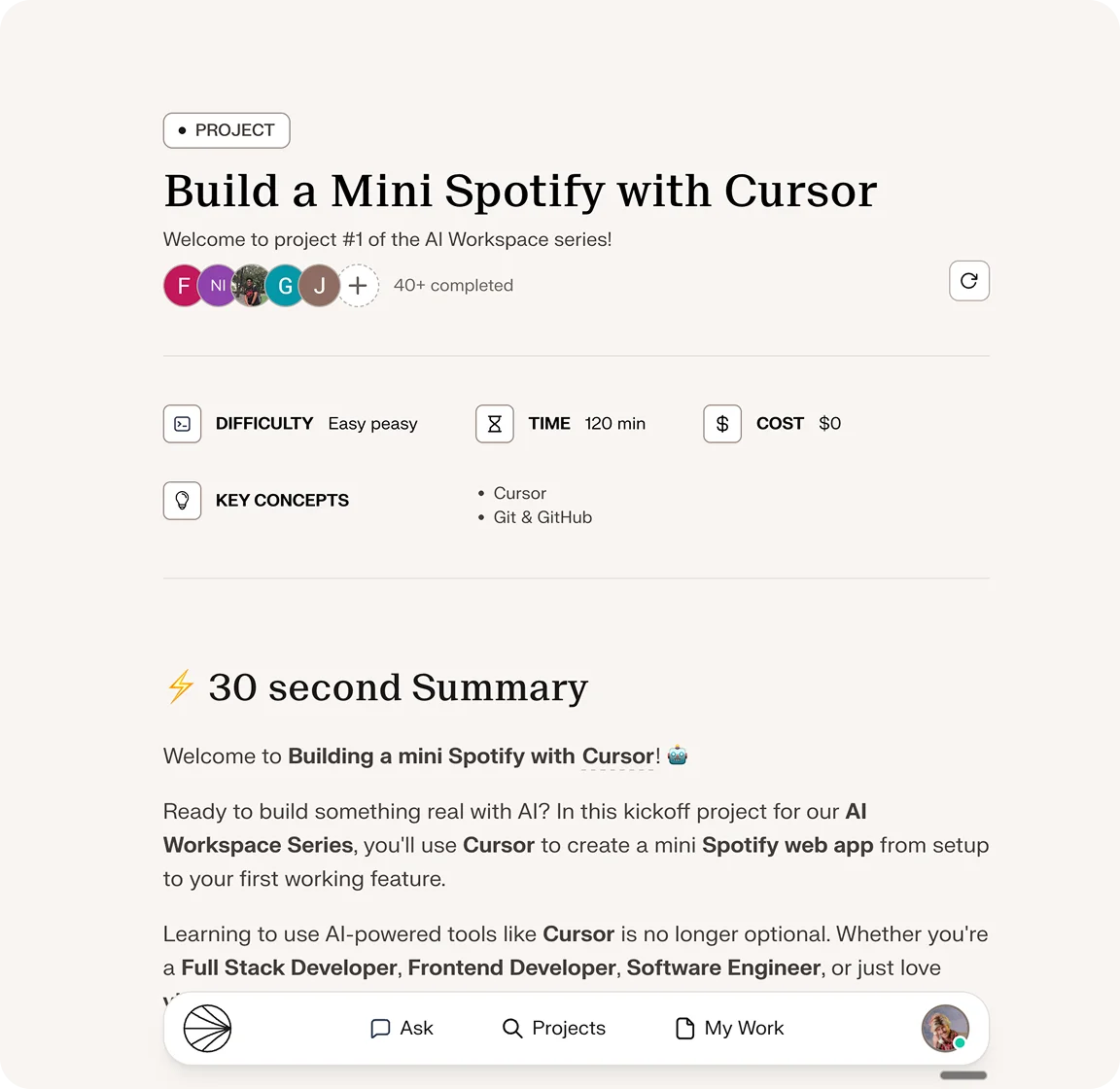 Project card showing Build a Mini Spotify with Cursor